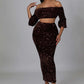 Sequin Matching Crop Top Midi High Waisted Skirt Set - Brown