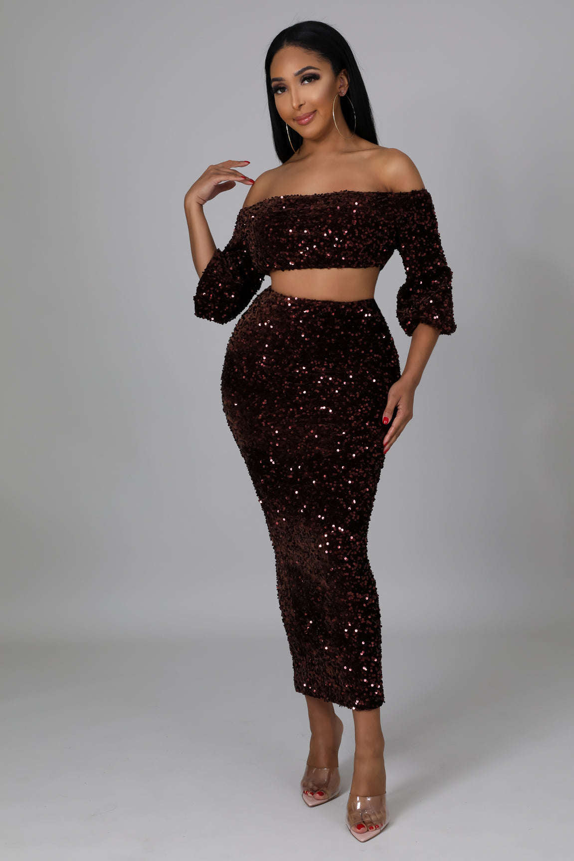 Sequin Matching Crop Top Midi High Waisted Skirt Set - Brown