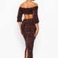 Sequin Matching Crop Top Midi High Waisted Skirt Set - Brown