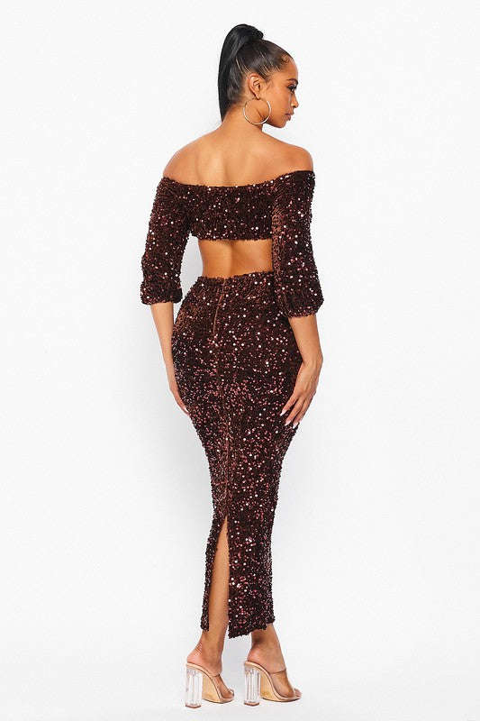 Sequin Matching Crop Top Midi High Waisted Skirt Set - Brown