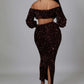 Sequin Matching Crop Top Midi High Waisted Skirt Set - Brown