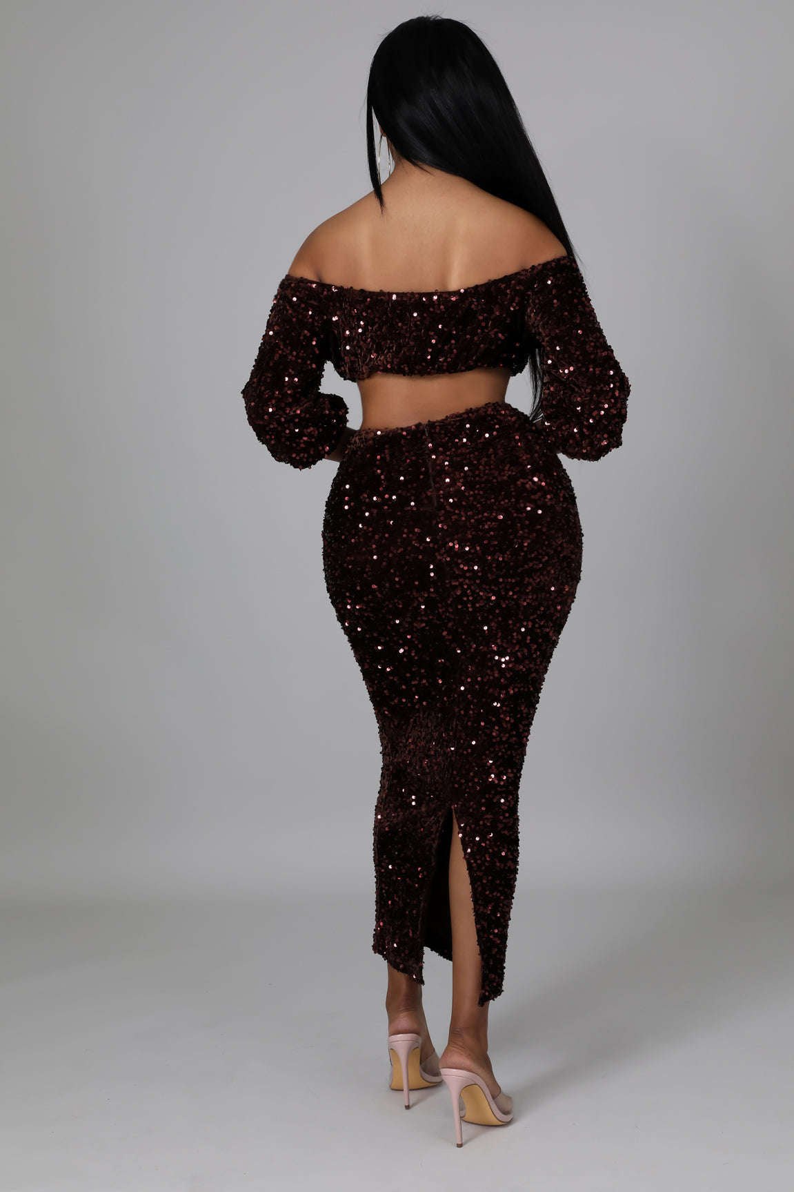 Sequin Matching Crop Top Midi High Waisted Skirt Set - Brown