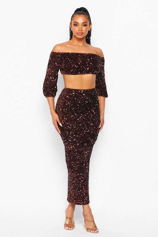 Sequin Matching Crop Top Midi High Waisted Skirt Set - Brown