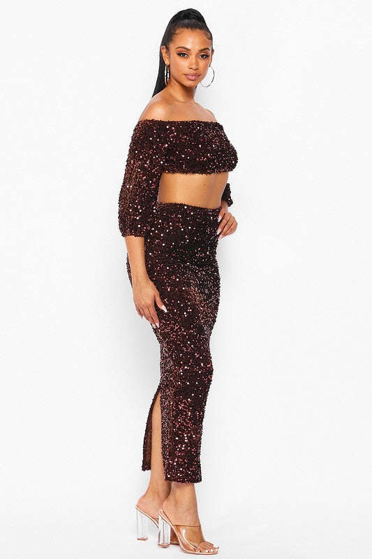 Sequin Matching Crop Top Midi High Waisted Skirt Set - Brown