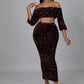 Sequin Matching Crop Top Midi High Waisted Skirt Set - Brown