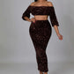 Sequin Matching Crop Top Midi High Waisted Skirt Set - Brown