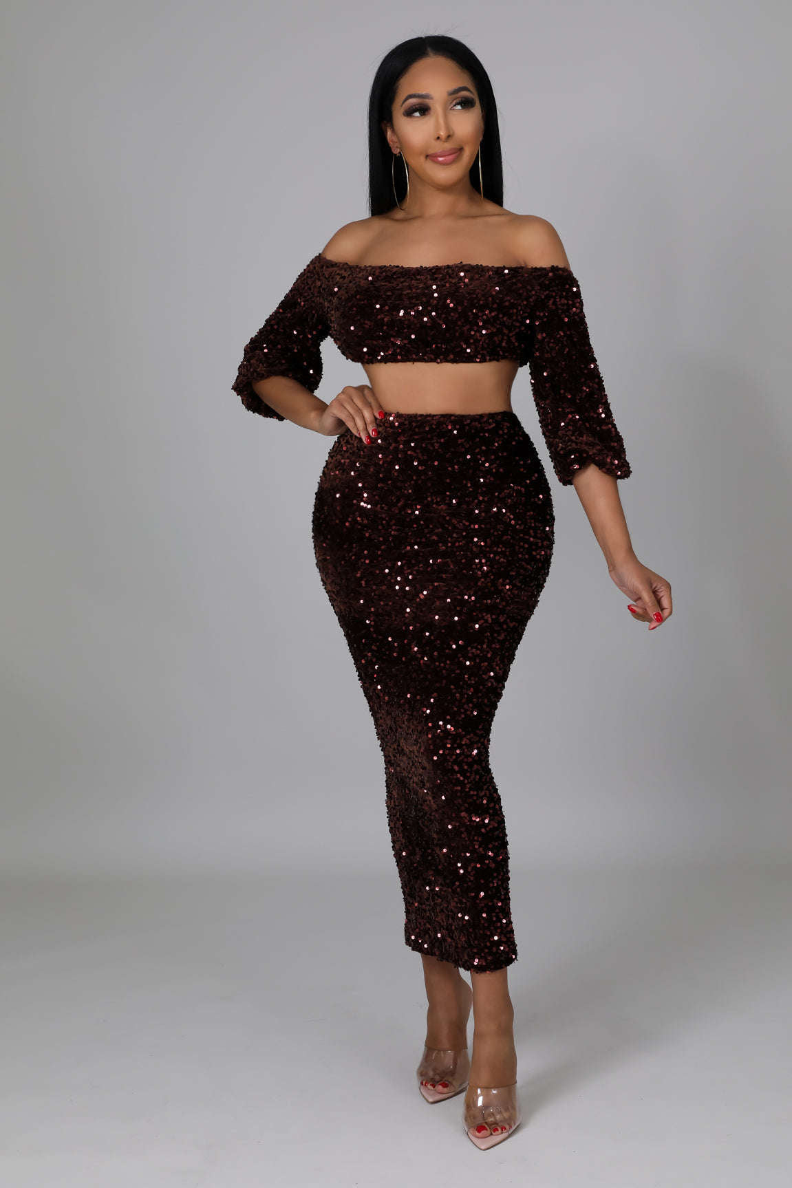 Sequin Matching Crop Top Midi High Waisted Skirt Set - Brown