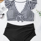 Black Stripe Knot Cutout Ruffle Sleeve and High Waisted 2pcs Swimsuit