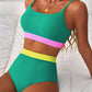 Sea Green Contrast Trim Colorblock Patchwork High Waisted Bikini