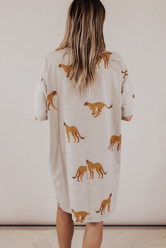 Cheetah Print Side Pockets T Shirt Mini Dress