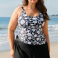 Black Printed Square Neck Drawstring Ruffled Tankini Set