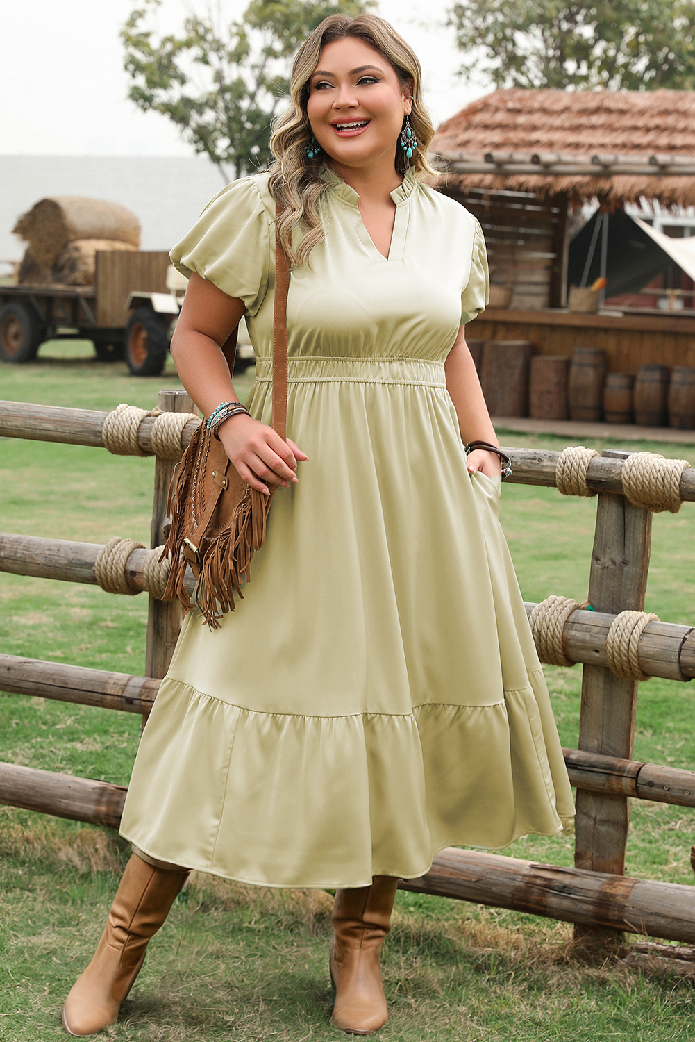 Laurel Green Notched V Neck Puff Sleeve Tiered Maxi Dress