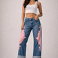 Low Rise Cuffed  Western Jean with Pink Vinyl Croc Panels