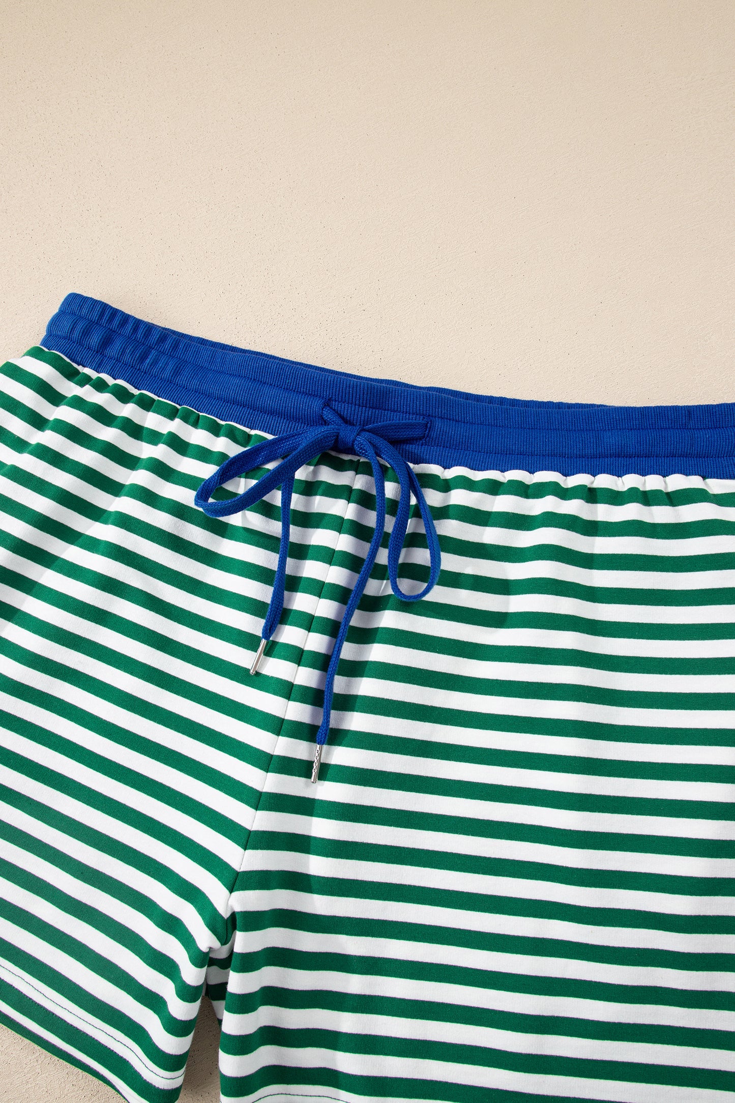 Green Stripe Boxy Tee Drawstring Elastic Waist Short Set
