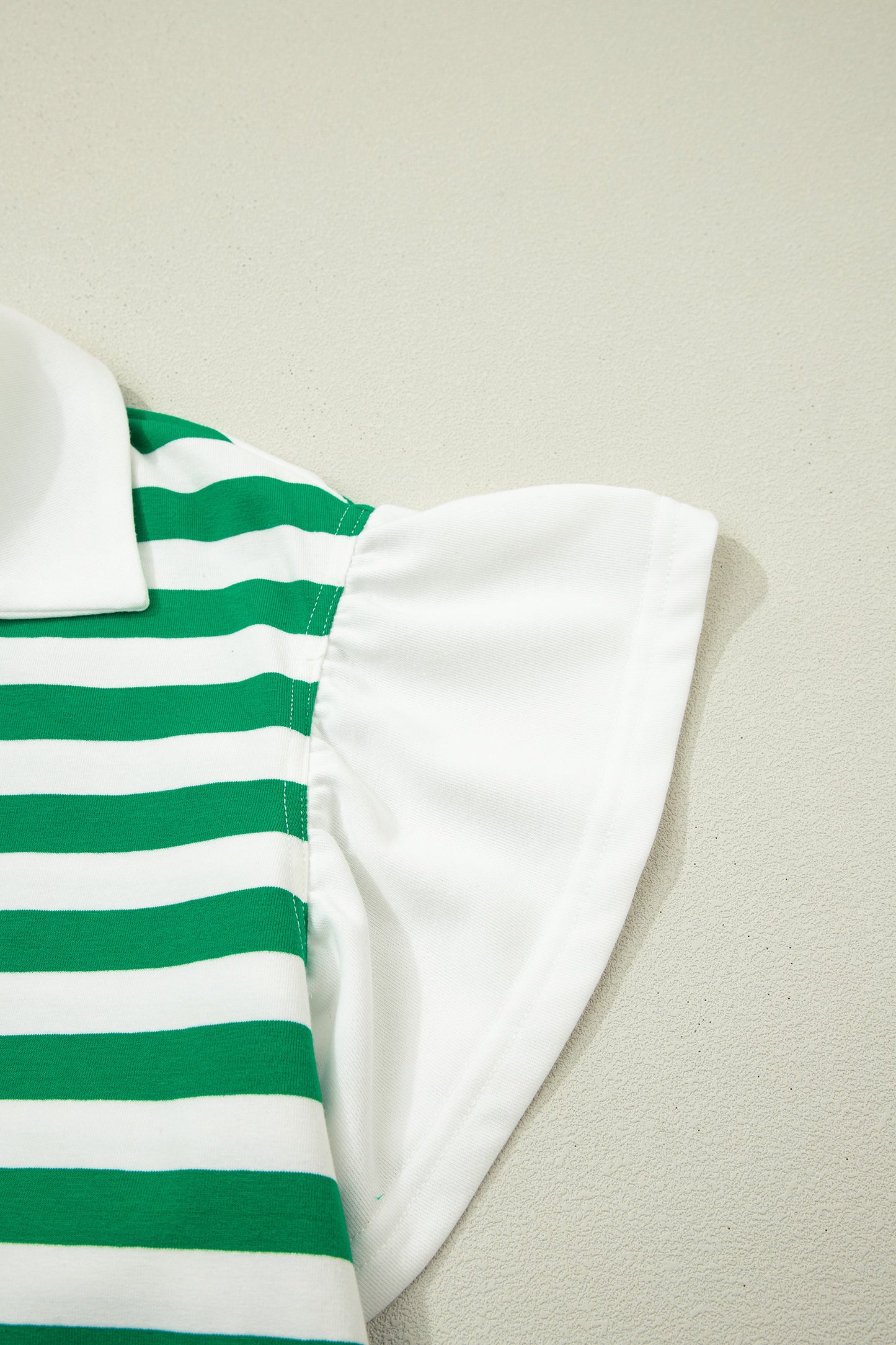 Green Stripe Collar V Neck Ruffle Short Sleeve Blouse