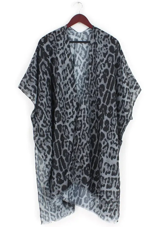 Grey Leopard Print Kimono with Fringe