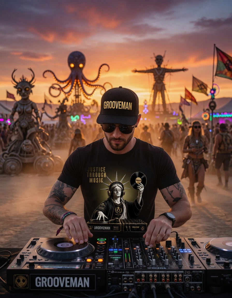 “Justice Through Music” Black Graphic T-Shirt – Premium DJ Streetwear Tee