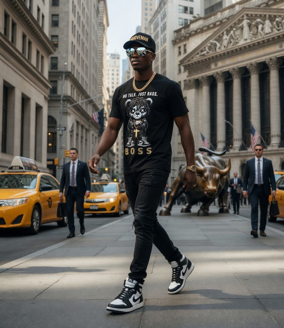“No Talk Just Bags” Black Collection T-Shirt – Luxury Streetwear Graphic Tee (Runs Big)