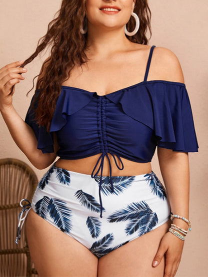 Women-Drawstring Ruffle Bikini One Shoulder Strap High Waist Swimsuit Set