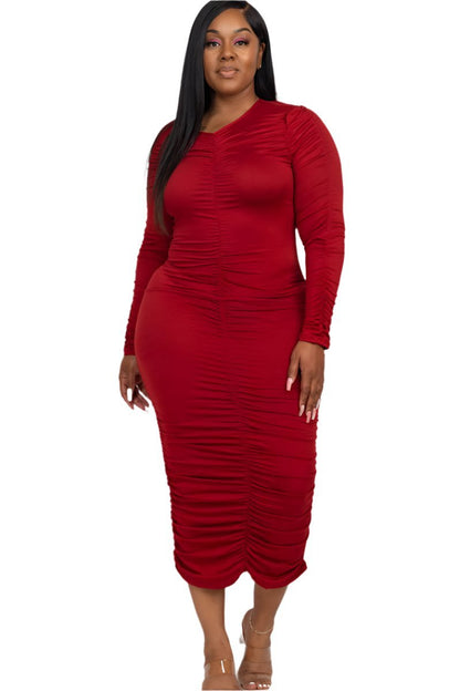 Jackie Midi Dress - Ruched Long Sleeve Design, Flattering Fit for Every Occasion