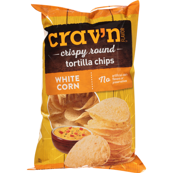 Crav'n Flavor Tortilla Chips, White Corn, Crispy Round