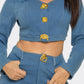 Luciana Gold Jewel-Clasp Cropped Denim Jacket & Pant Set