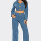 Luciana Gold Jewel-Clasp Cropped Denim Jacket & Pant Set