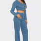 Luciana Gold Jewel-Clasp Cropped Denim Jacket & Pant Set