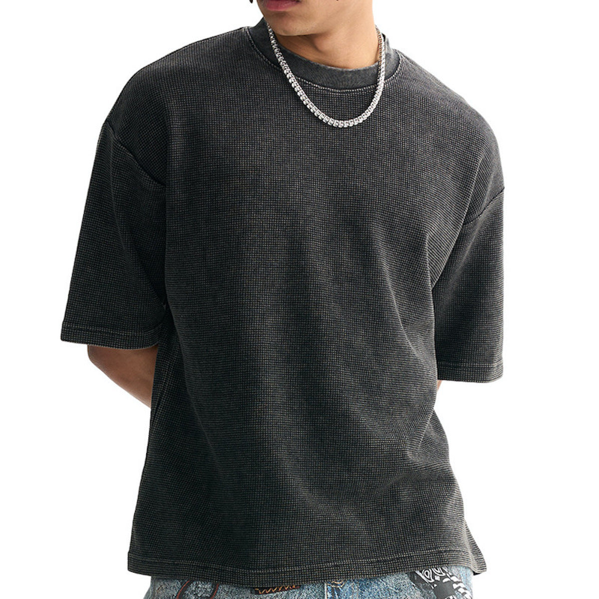 Heavyweight Waffle-Texture Washed Cropped Boxy T-Shirt (250GSM)