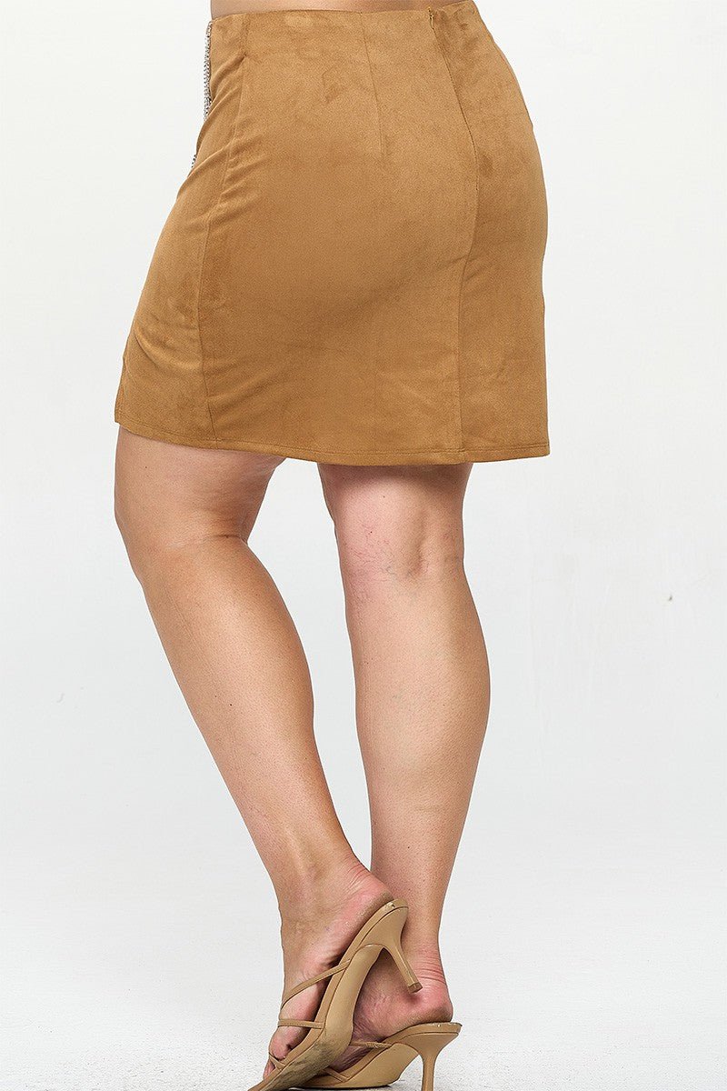 Maxine Faux Suede Rhinestone Slit Mini Skirt – Side Slit with Fringe | Chic Night Out