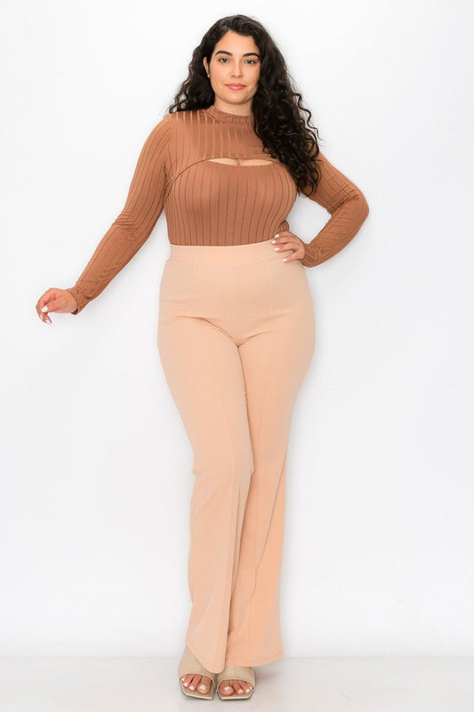 Mocha Vertical Lined Bodysuit with Shrug Top | 2-Piece Set