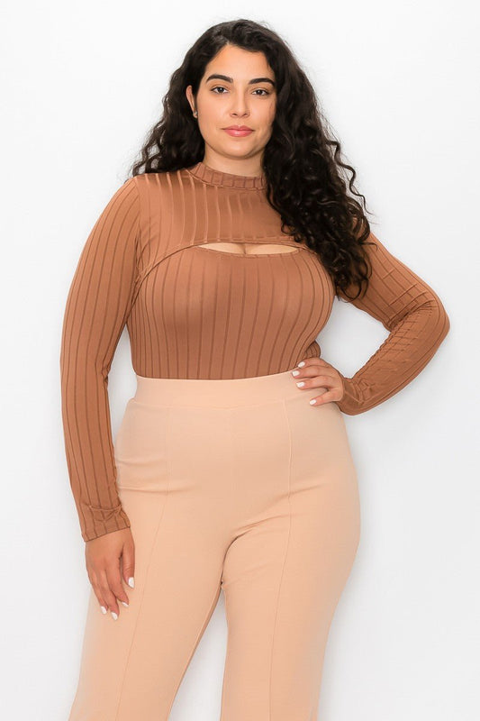 Mocha Vertical Lined Bodysuit with Shrug Top | 2-Piece Set