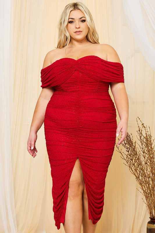 Monica Rhinestone Detail Shirring Side Off-the-Shoulder Bodycon Midi Dress