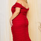 Monica Rhinestone Detail Shirring Side Off-the-Shoulder Bodycon Midi Dress