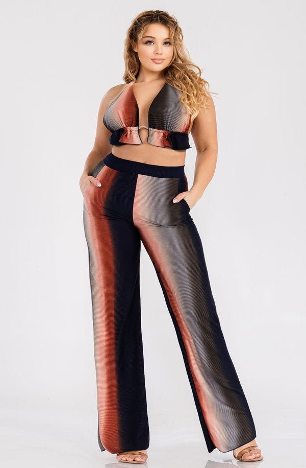 Ombre Three Piece Rib Crop Top Pant Set With Cardigan