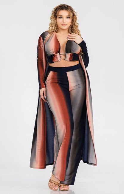 Ombre Three Piece Rib Crop Top Pant Set With Cardigan
