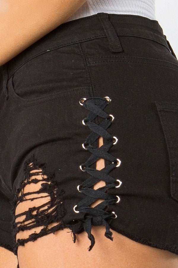 Paula -mid Rise Out Seam Lace Up Black Shorts