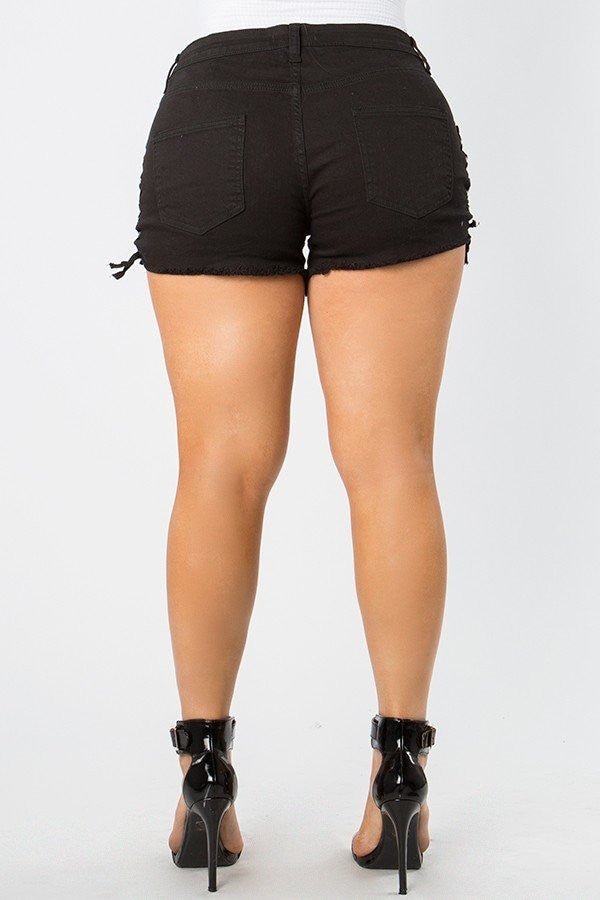 Paula -mid Rise Out Seam Lace Up Black Shorts