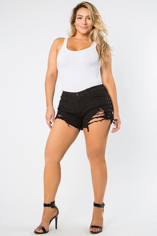 Paula -mid Rise Out Seam Lace Up Black Shorts