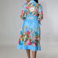 Pleated Print Long Sleeve Mid-Calf Lapel Standard-Waist Pullover Dress