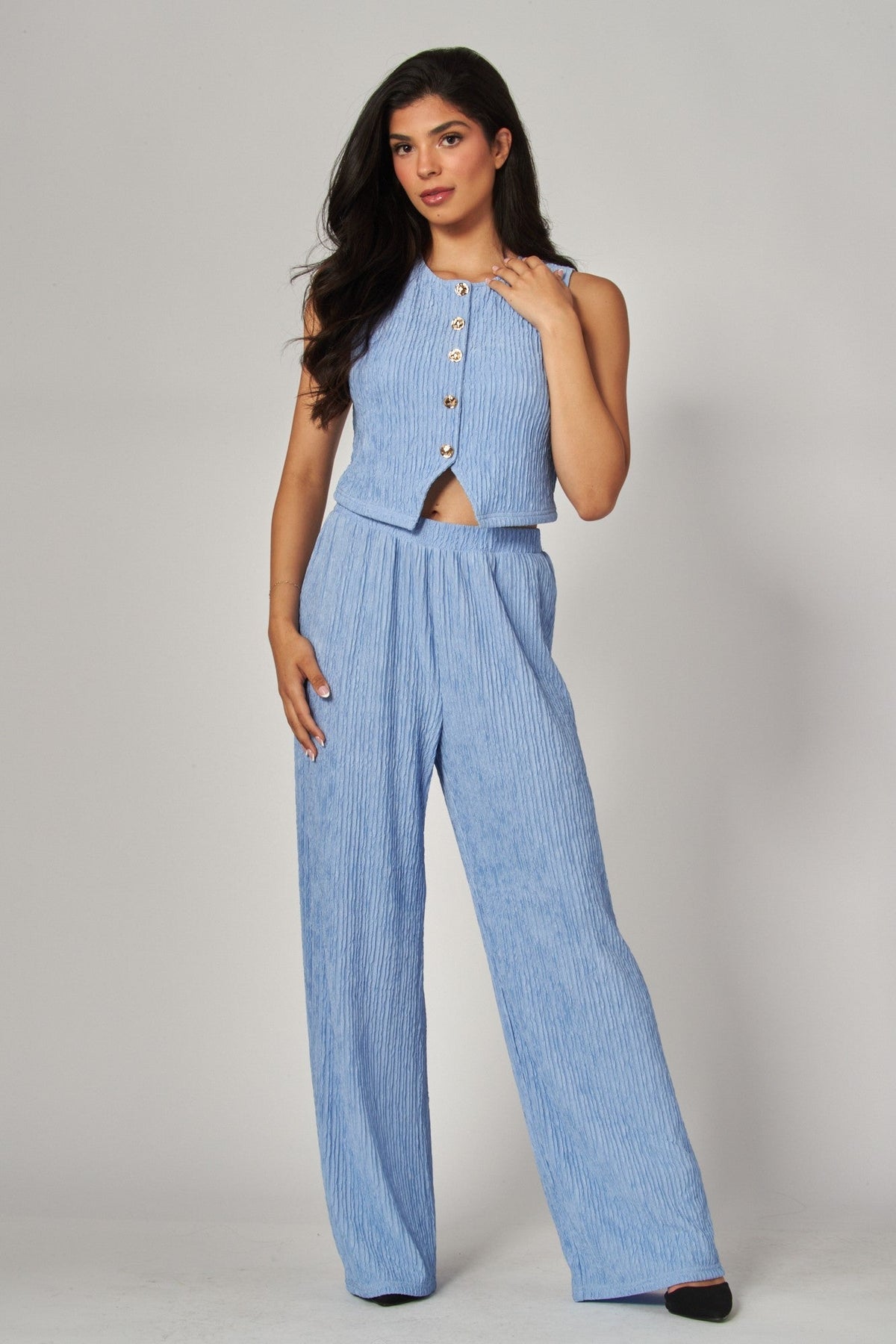 Plissé Waistcoat Top & Wide-Leg Pant Set – Chic Brunch, Work & Travel Outfit