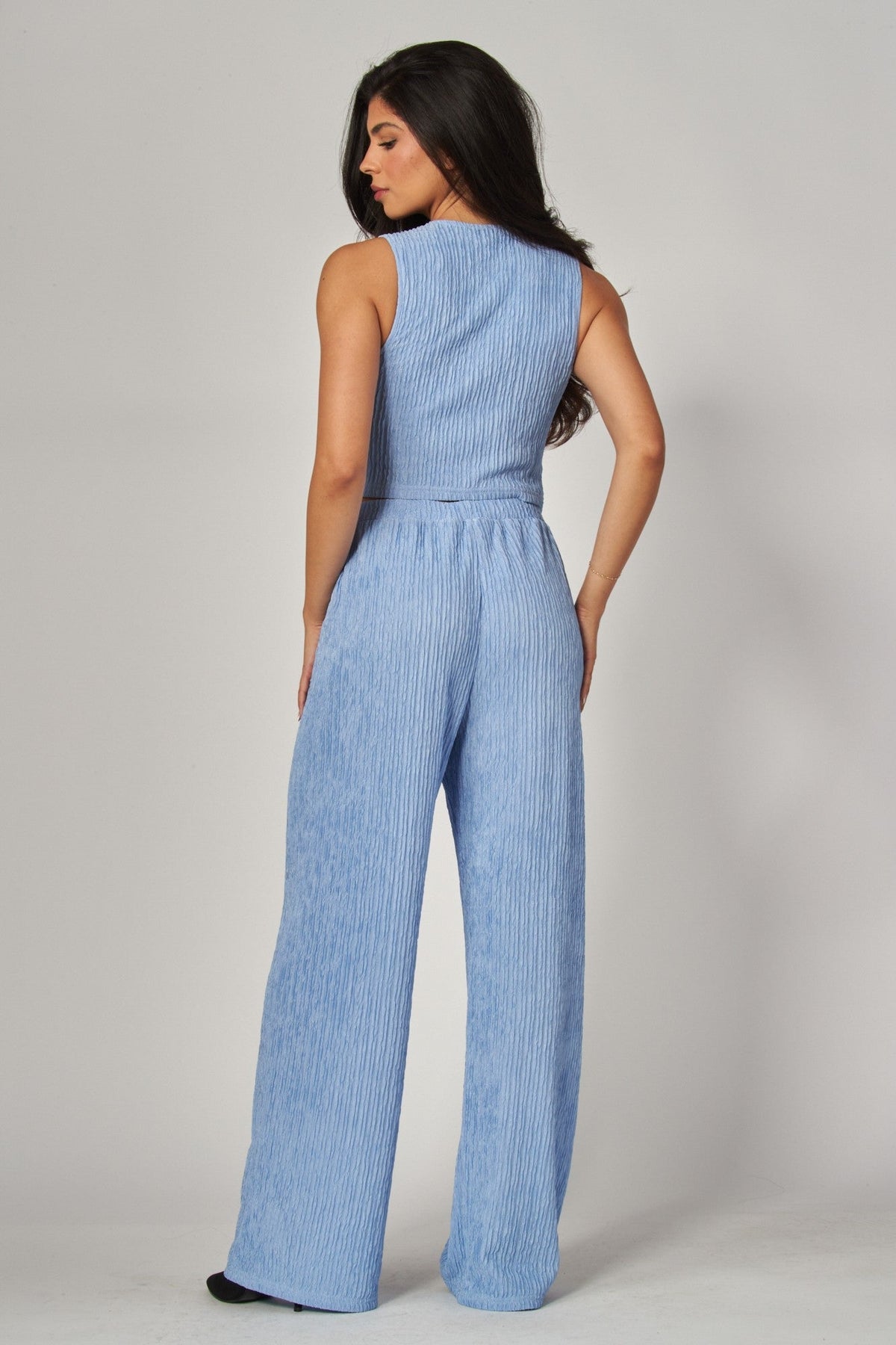 Plissé Waistcoat Top & Wide-Leg Pant Set – Chic Brunch, Work & Travel Outfit