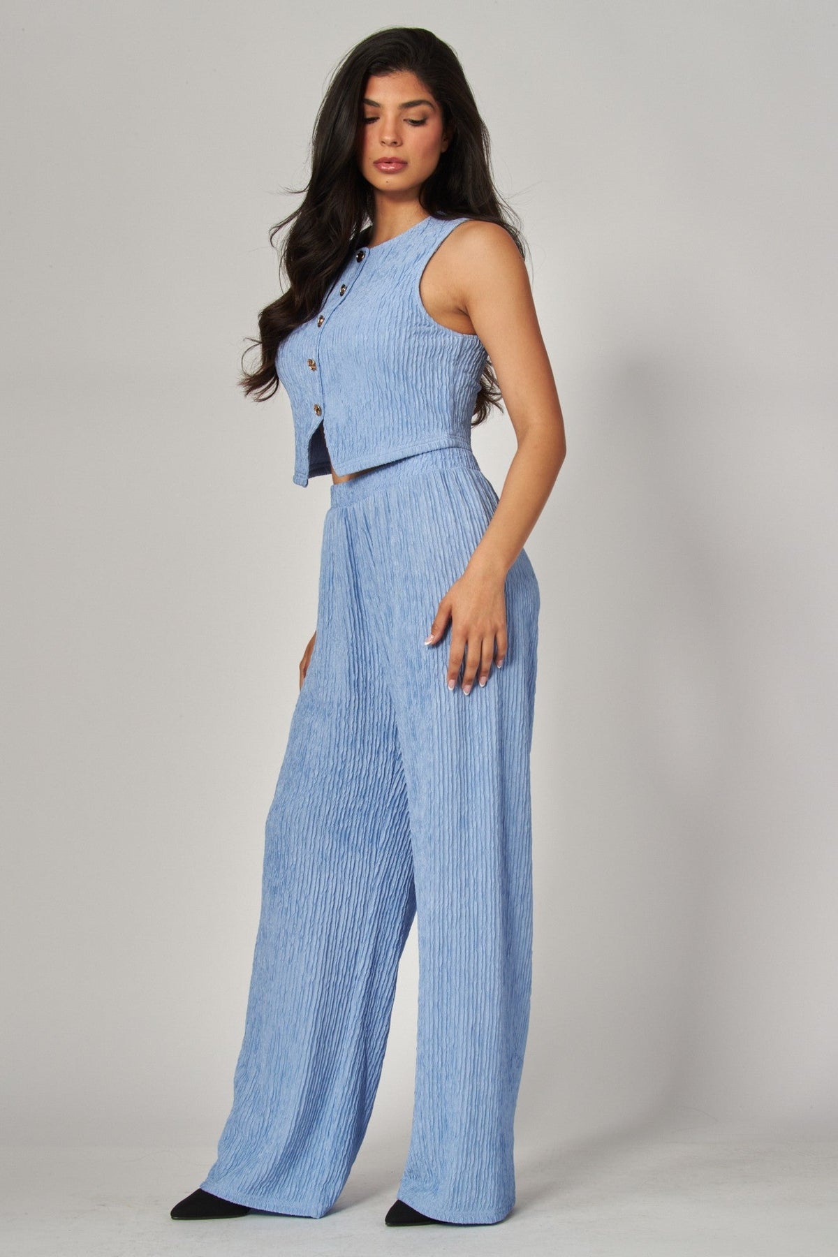 Plissé Waistcoat Top & Wide-Leg Pant Set – Chic Brunch, Work & Travel Outfit
