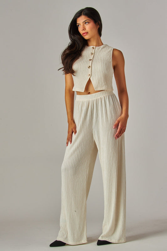 Plissé Waistcoat Top & Wide-Leg Pant Set – Chic Brunch, Work & Travel Outfit
