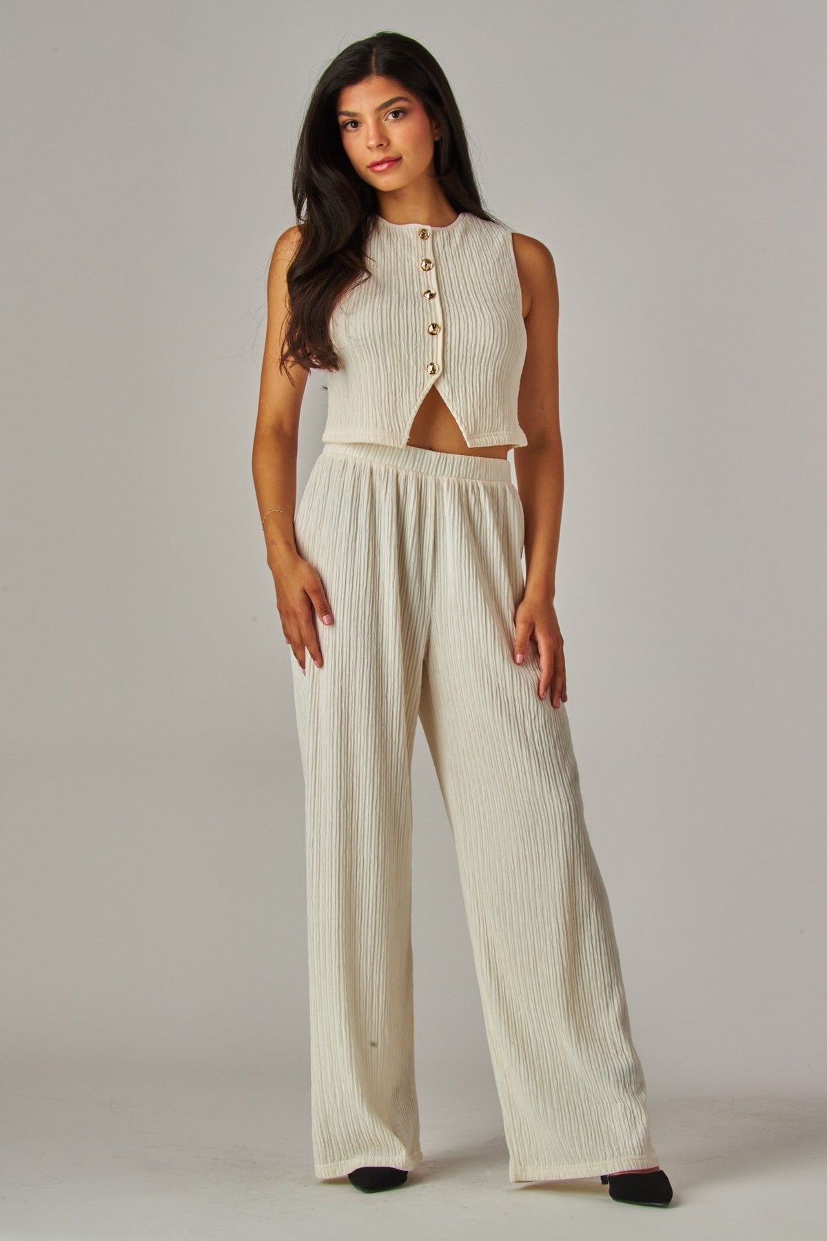 Plissé Waistcoat Top & Wide-Leg Pant Set – Chic Brunch, Work & Travel Outfit
