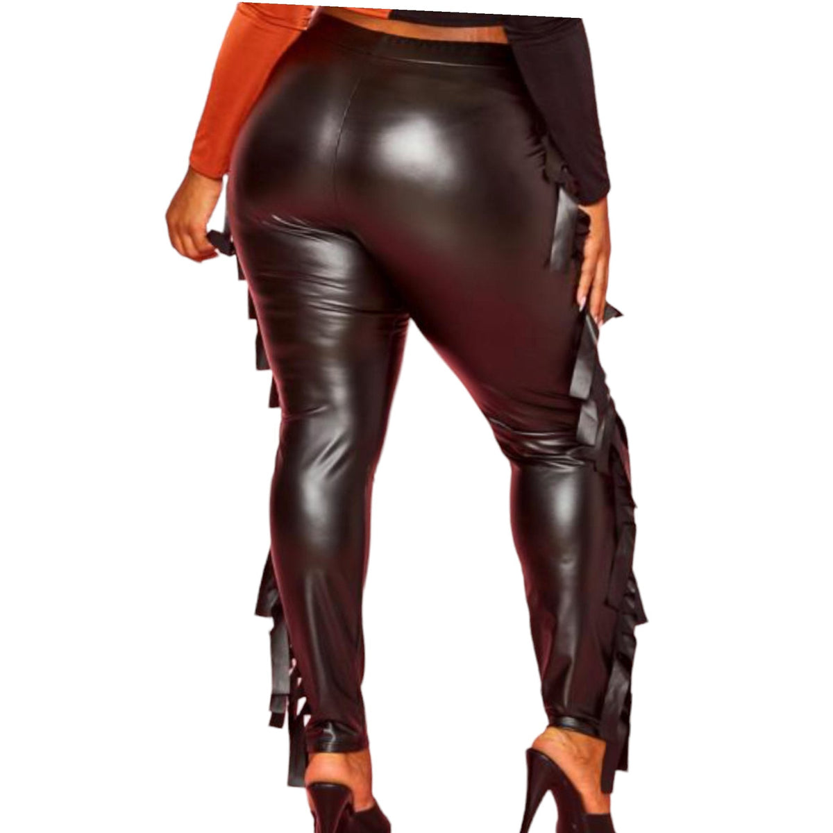 Black Fringe Faux Leather Pants