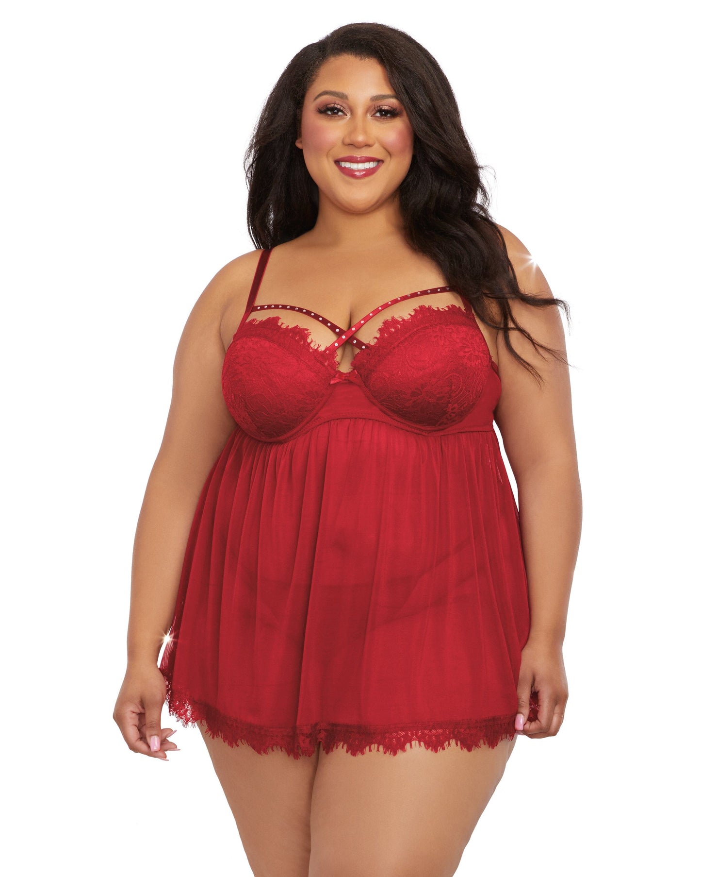 Eyelash Lace & Stretch Mesh Babydoll Set with Strappy Rhinestone Neckline
