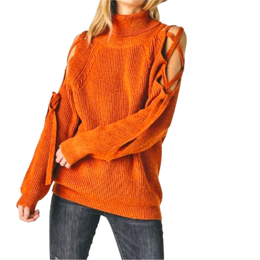 Rust Turtles Neck Cutout Long Sleeve Sweater