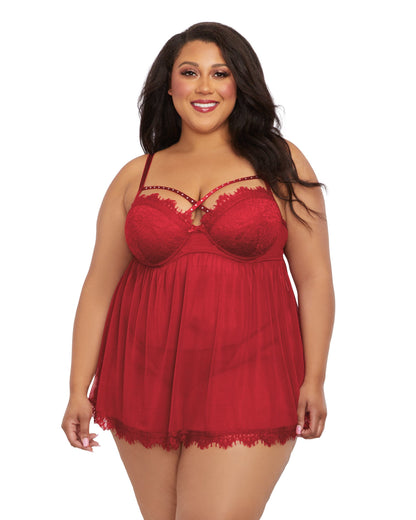 Underwire Push Up Cup Babydoll with Stretch Mesh Skirt