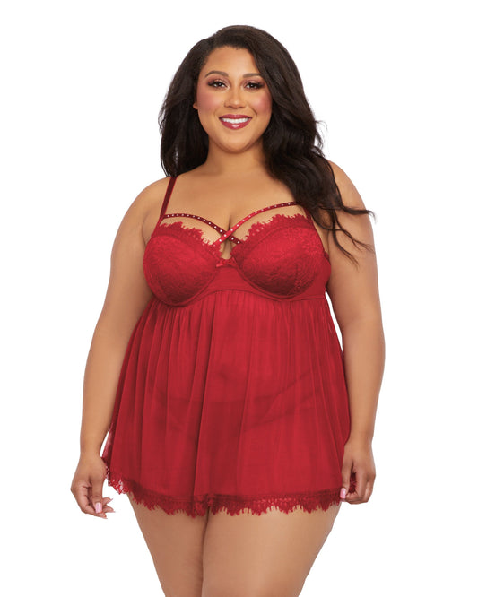 Underwire Push Up Cup Babydoll with Stretch Mesh Skirt